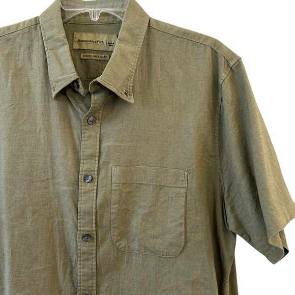 Abercrombie & Fitch Olive Moss Green Linen Blend Short Sleeve Button Down Shirt - Picture 2 of 6